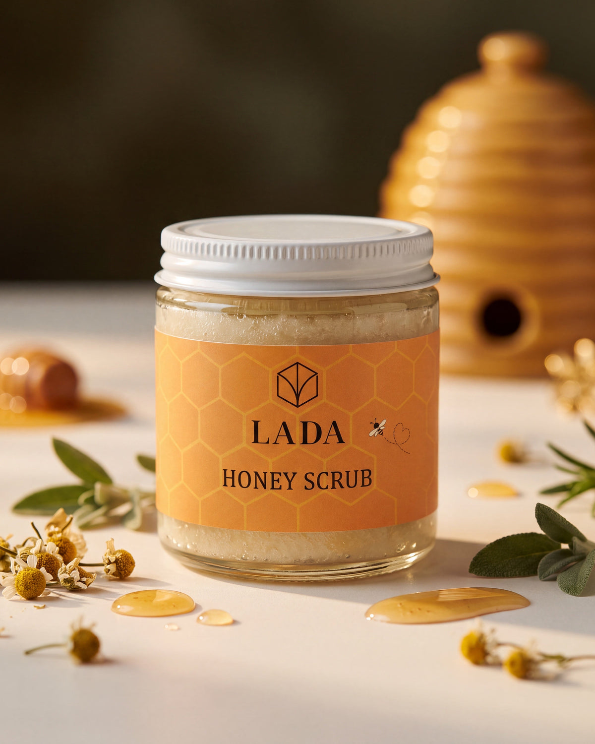 LADA Honey Scrub jar with chamomile, rosemary and honey drops, beehive behind, from LADA Beauty, serving El Paso, TX