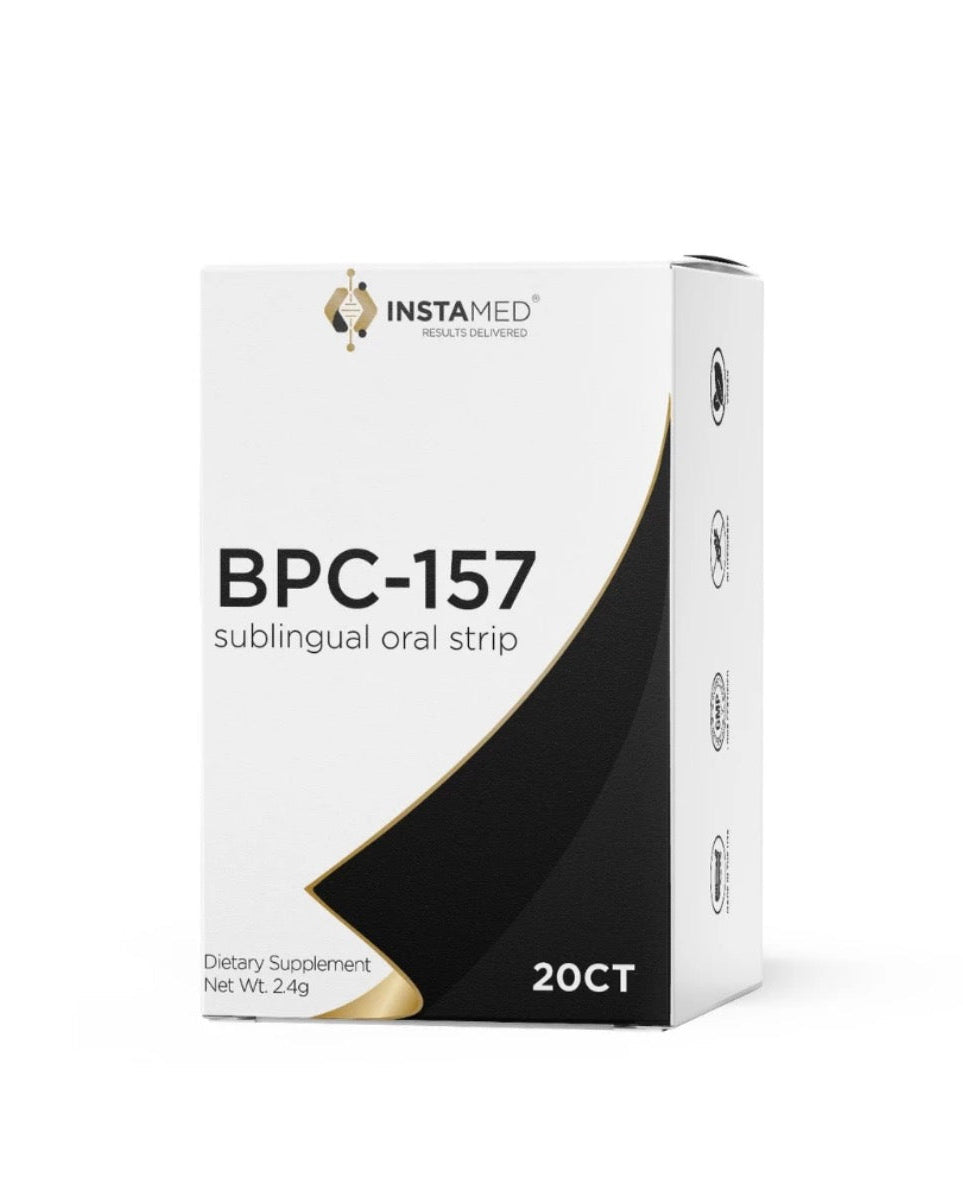 Instamed BPC-157 peptide sublingual oral strips, 20-count box, from the LADA Beauty studio in Las Cruces