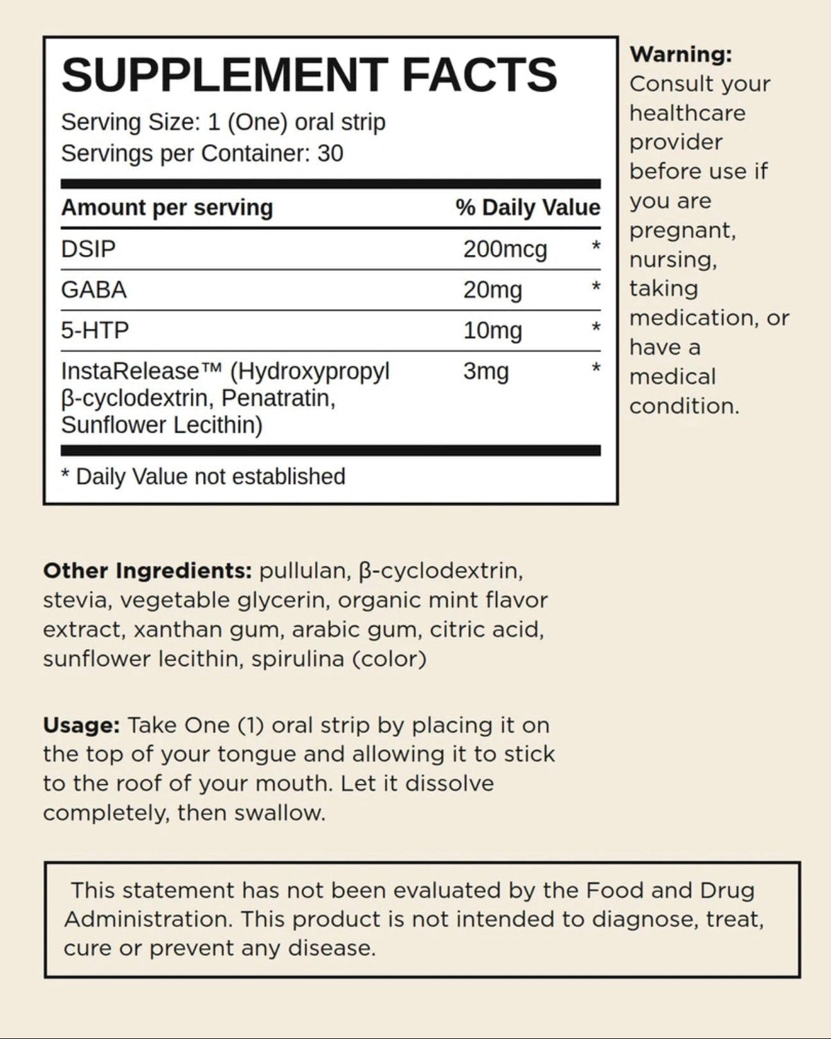 Oral strip Supplement Facts with DSIP, GABA and 5-HTP, at LADA Beauty serving Las Cruces, NM and El Paso, TX