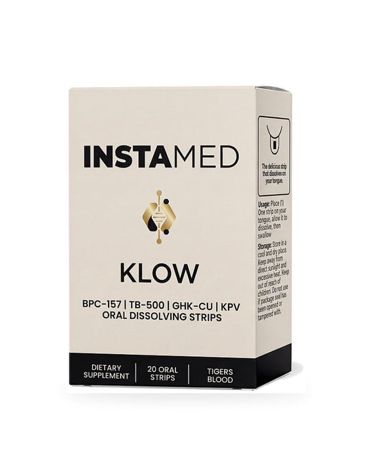 Instamed Klow peptide oral dissolving strips in a beige and black box, at LADA Beauty serving Las Cruces, NM 