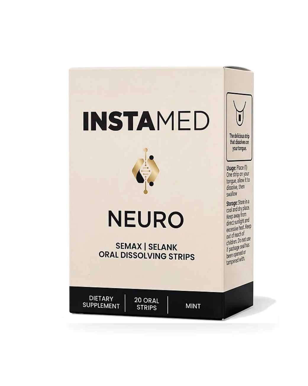 Instamed Neuro mint oral dissolving strips box with gold logo, at LADA Beauty serving Las Cruces, NM