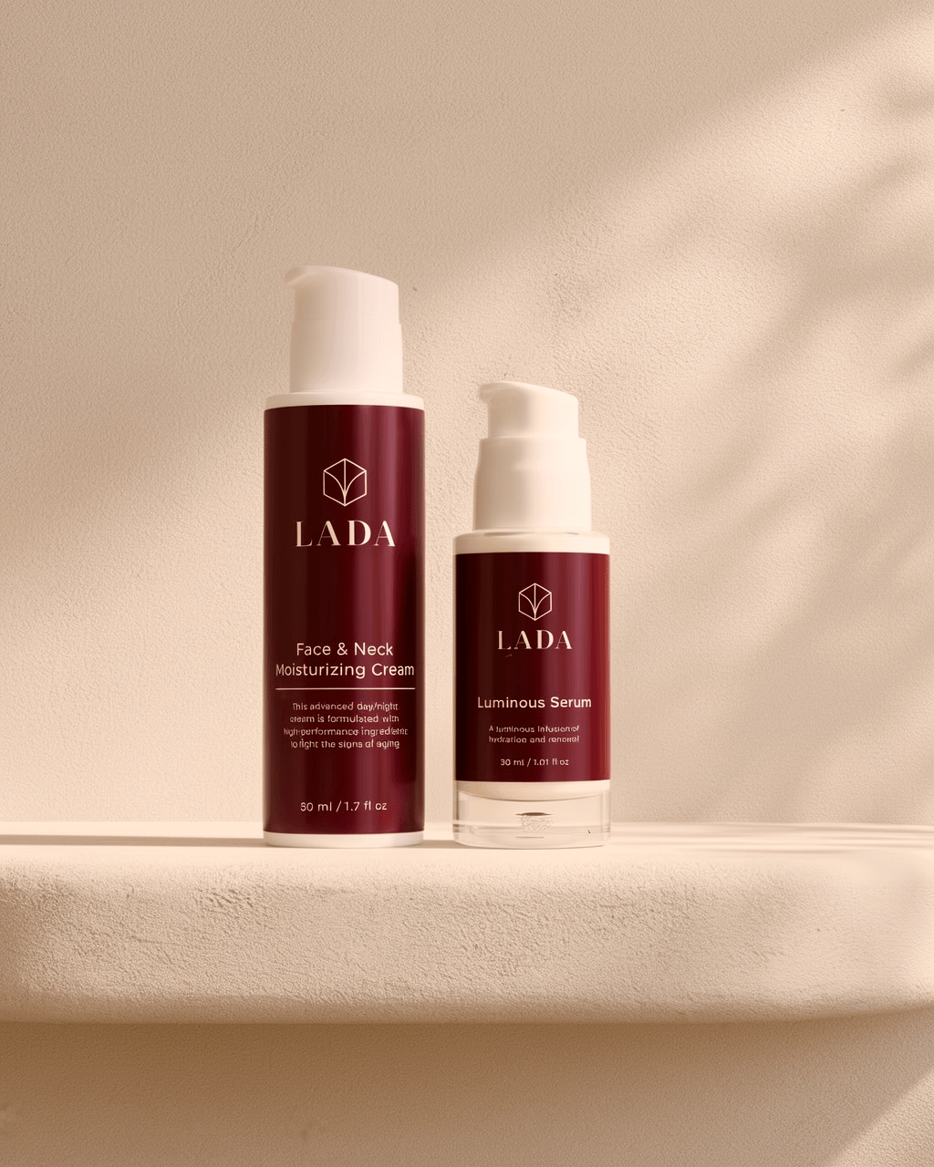 photo of LADA beauty face and neck moisturizing cream, and luminous serum