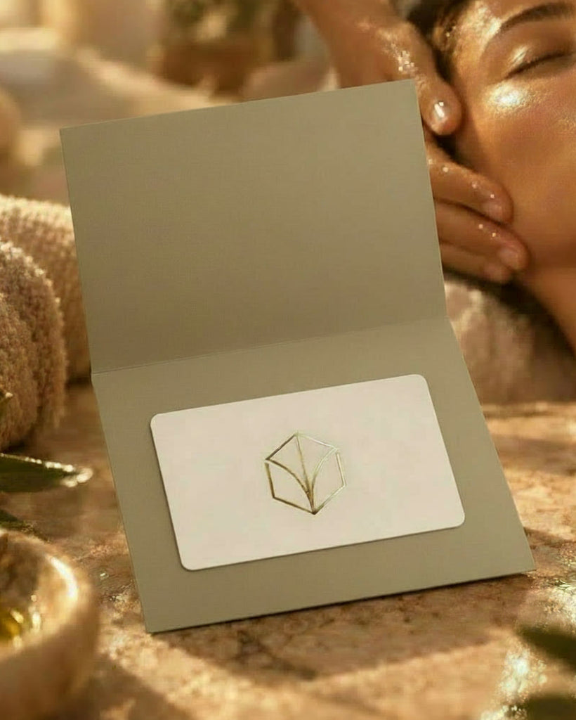 LADA Beauty spa gift card in a sage green envelope, woman enjoying a head massage behind it, Las Cruces, New Mexico