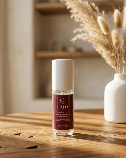 LADA Beauty Glycolic and Lactic Resurfacing Gel by a vase of dried grasses, skincare for Las Cruces, NM and El Paso, TX