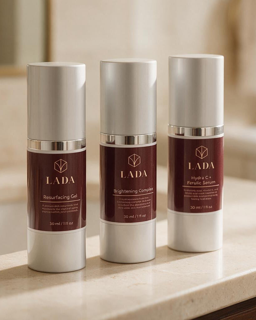 LADA Beauty skincare, three bottles with maroon and gold labels on a marble bathroom counter, Las Cruces, NM and El Paso, TX