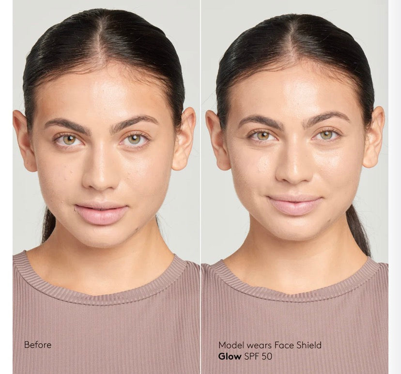 Before and after of a woman wearing Colorescience Face Shield SPF 50, at LADA Beauty in Las Cruces, NM