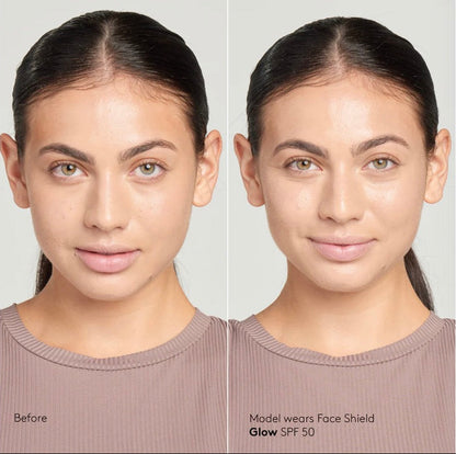 Before and after of a woman wearing Colorescience Face Shield SPF 50, at LADA Beauty in Las Cruces, NM