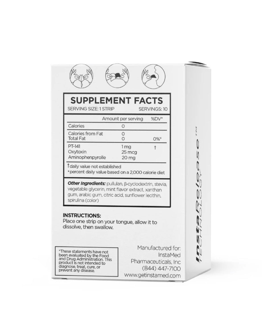 Back of Instamed PT-141+ box with Supplement Facts listing PT-141 and oxytocin, available at LADA Beauty near El Paso