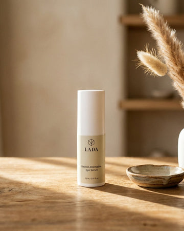 LADA Beauty Retinol Alternative Eye Serum bottle styled on a wooden surface with decor, holistic skincare in Las Cruces, NM