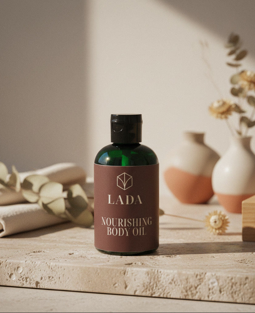 LADA Nourishing Body Oil bottle on a wooden surface with decorative items, hydrating body moisturizer from LADA Beauty serving El Paso, TX