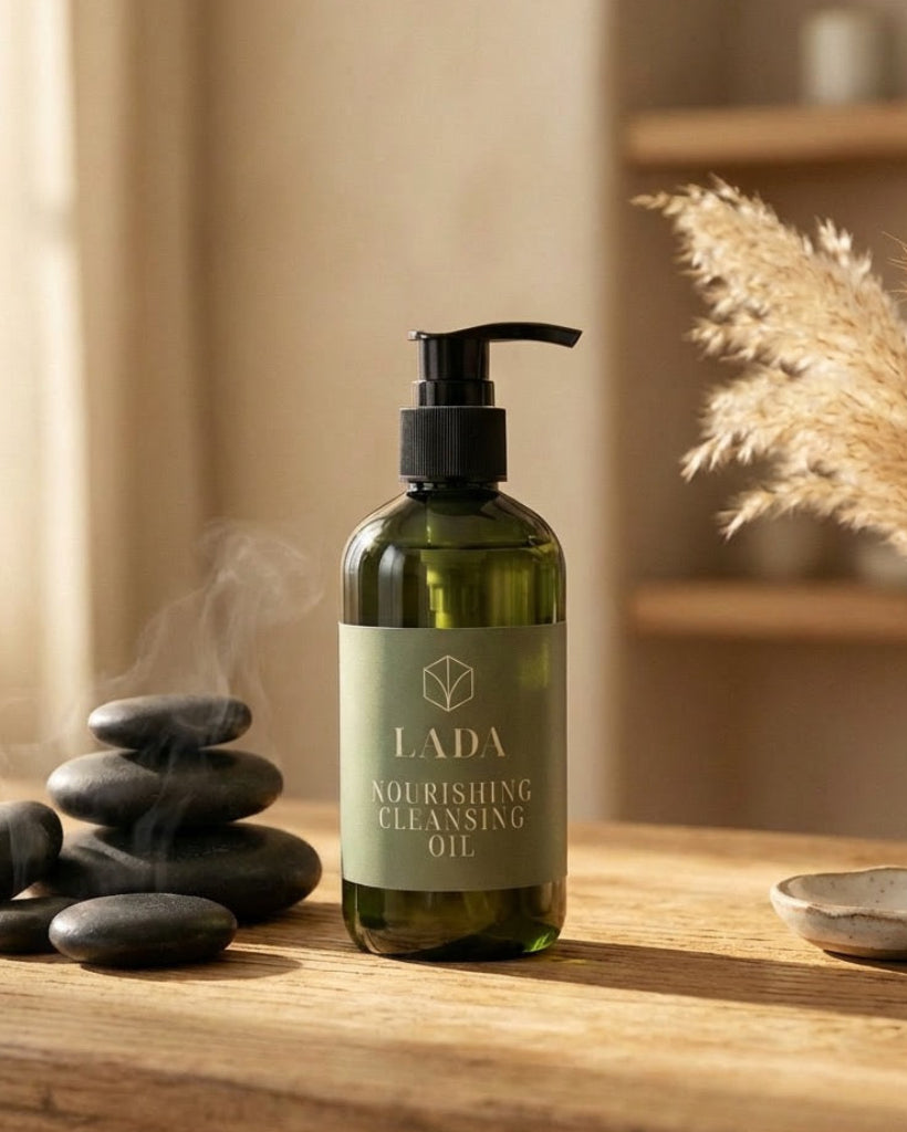 LADA Nourishing Cleansing Oil bottle on a wooden surface with stones and decorative elements, holistic skincare in Las Cruces, NM