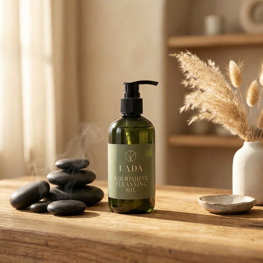 LADA Nourishing Cleansing Oil bottle on a wooden surface with stones and decorative elements, holistic skincare in Las Cruces, NM